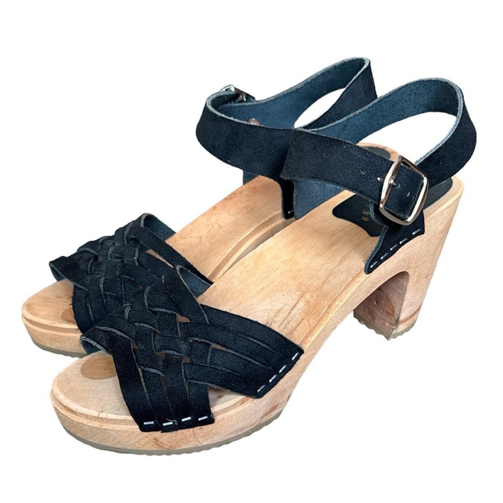 Boho cottage black leather clog sandals with wooden heel and woven detailing 39